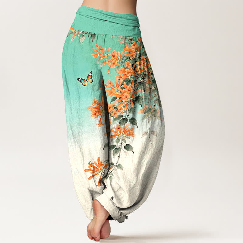 Buddha Stones Pantalon harem à taille élastique pour femme, en coton orange à motif floral et papillons - image 7