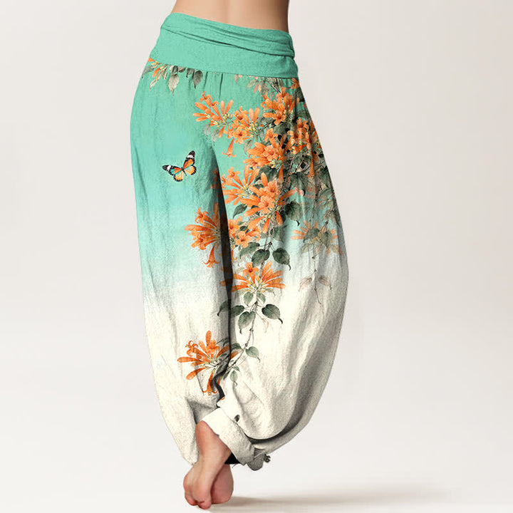 Buddha Stones Pantalon harem à taille élastique pour femme, en coton orange à motif floral et papillons - image 7