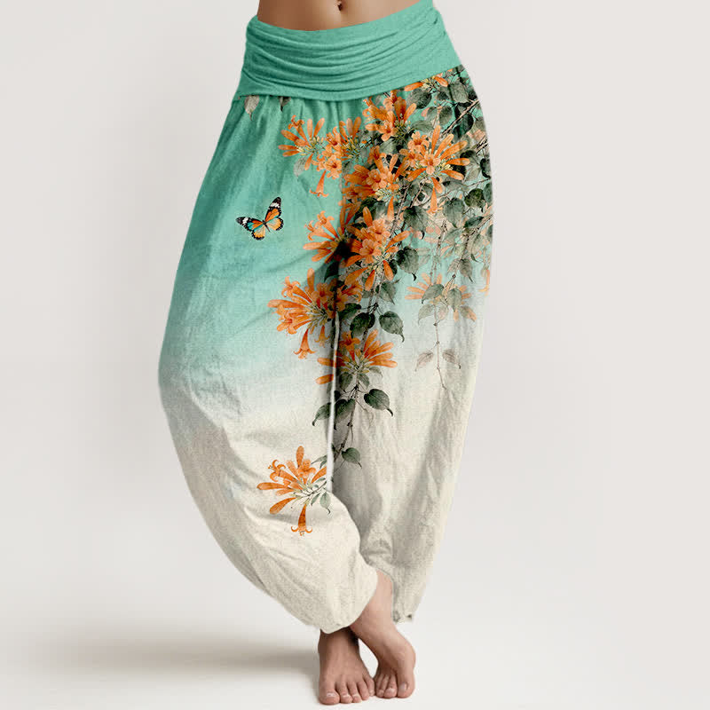 Buddha Stones Pantalon harem à taille élastique pour femme, en coton orange à motif floral et papillons - Turquoise - US16，UK/AU20，EU48 (3XL) - image 5