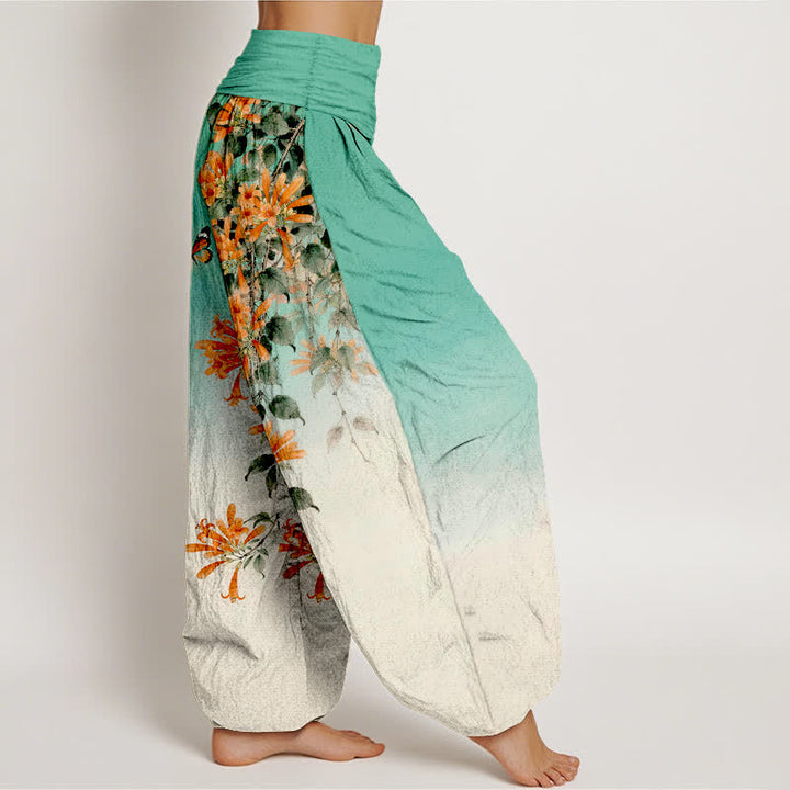Buddha Stones Pantalon harem à taille élastique pour femme, en coton orange à motif floral et papillons - image 6