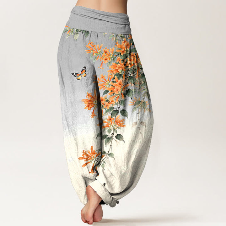 Buddha Stones Pantalon harem à taille élastique pour femme, en coton orange à motif floral et papillons - image 10