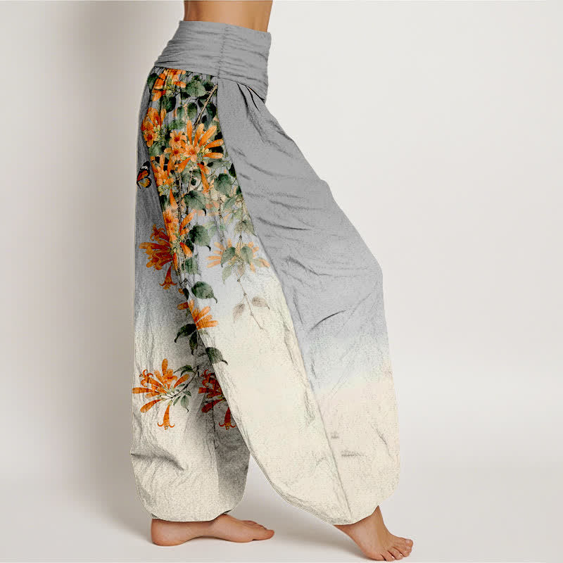 Buddha Stones Pantalon harem à taille élastique pour femme, en coton orange à motif floral et papillons - image 9
