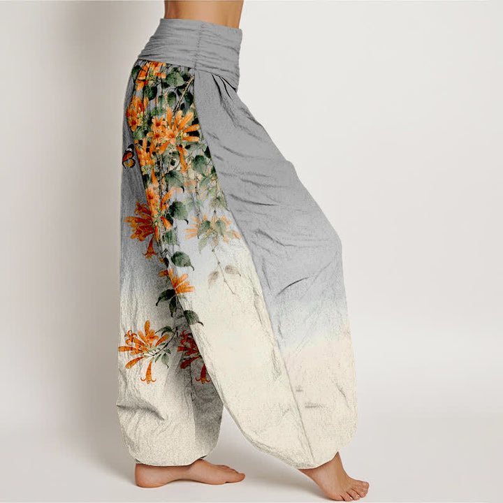 Buddha Stones Pantalon harem à taille élastique pour femme, en coton orange à motif floral et papillons - image 9
