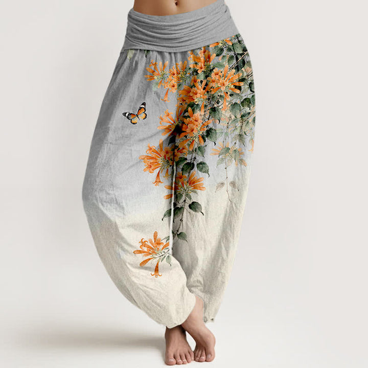 Buddha Stones Pantalon harem à taille élastique pour femme, en coton orange à motif floral et papillons - Gris clair - US16，UK/AU20，EU48 (3XL) - image 8