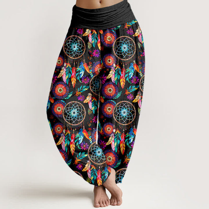 Buddha Stones Pantalon harem femme en coton à motif plumes attrape-rêves et taille élastique - Noir - US16，UK/AU20，EU48 (3XL) - image 0