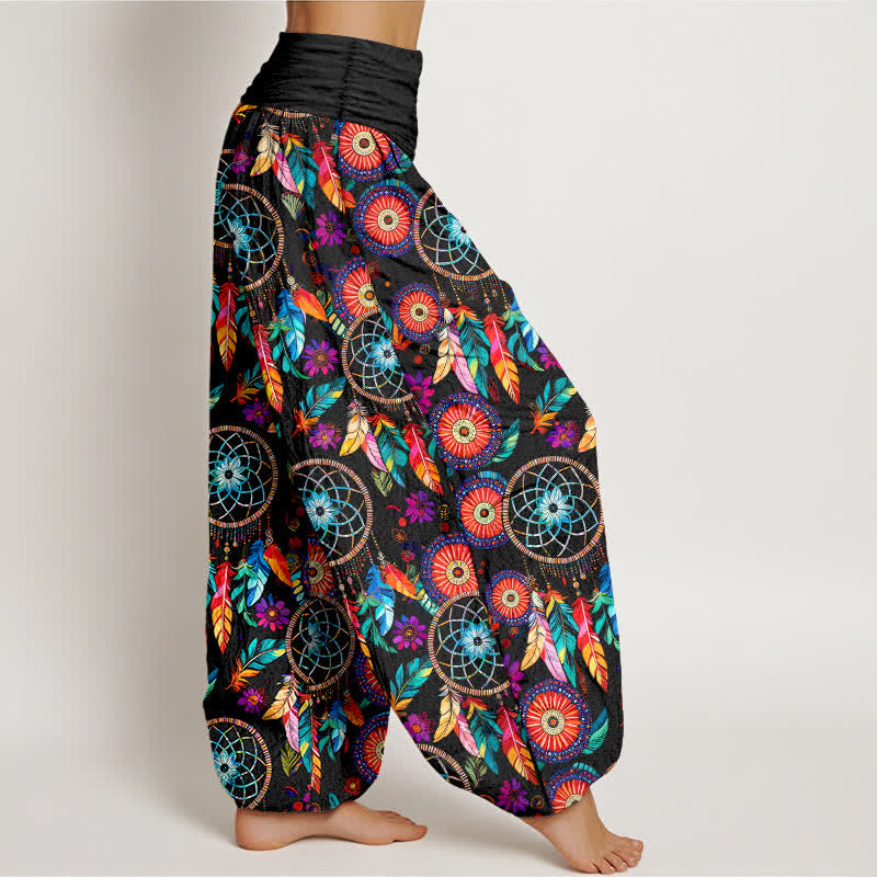 Buddha Stones Pantalon harem femme en coton à motif plumes attrape-rêves et taille élastique - image 1