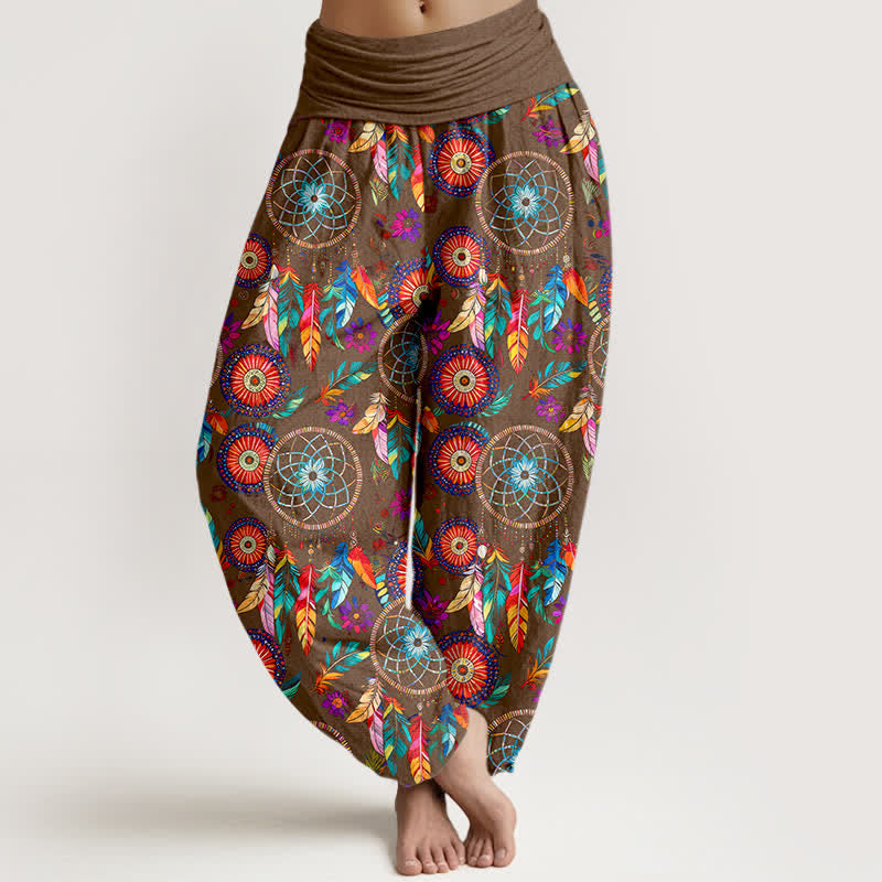 Buddha Stones Pantalon harem femme en coton à motif plumes attrape-rêves et taille élastique - Terre de sienne - US16，UK/AU20，EU48 (3XL) - image 8