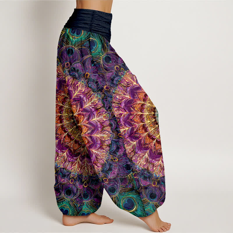 Buddha Stones Pantalon harem pour femme en pur coton à motif mandala et plumes, taille élastique - image 1
