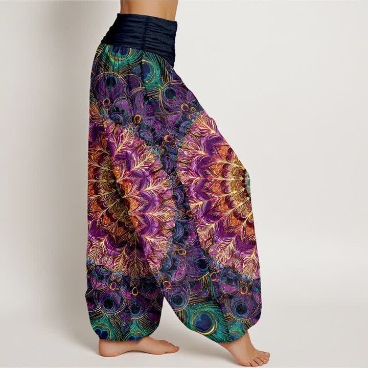 Buddha Stones Pantalon harem pour femme en pur coton à motif mandala et plumes, taille élastique - image 1