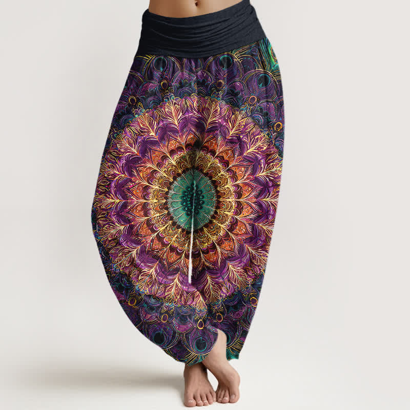 Buddha Stones Pantalon harem pour femme en pur coton à motif mandala et plumes, taille élastique - Violet - US16，UK/AU20，EU48 (3XL) - image 0