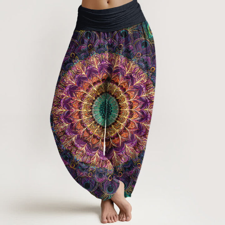 Buddha Stones Pantalon harem pour femme en pur coton à motif mandala et plumes, taille élastique - Violet - US16，UK/AU20，EU48 (3XL) - image 0