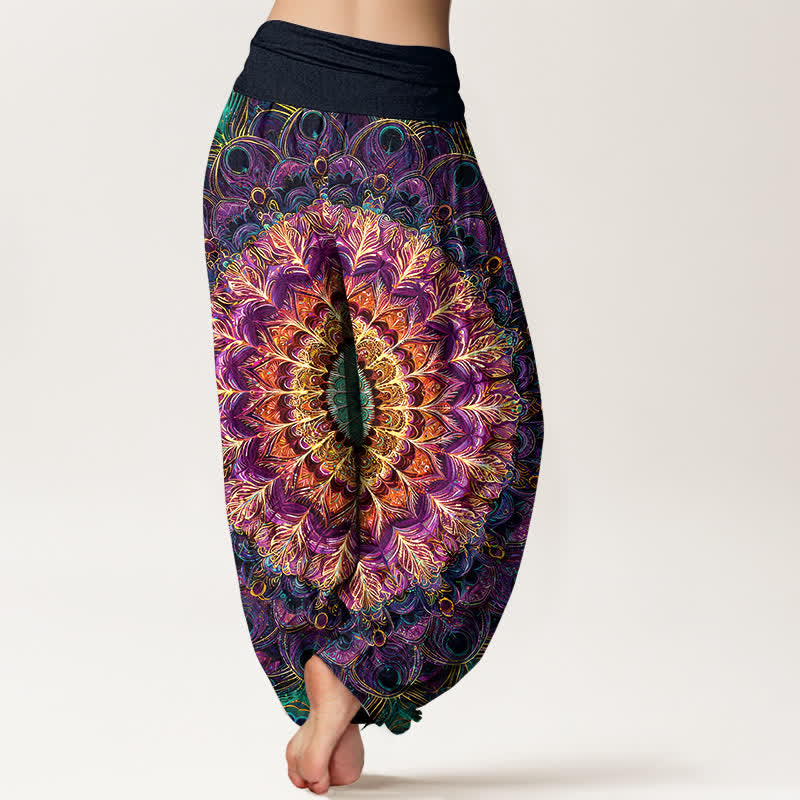Buddha Stones Pantalon harem pour femme en pur coton à motif mandala et plumes, taille élastique - image 2