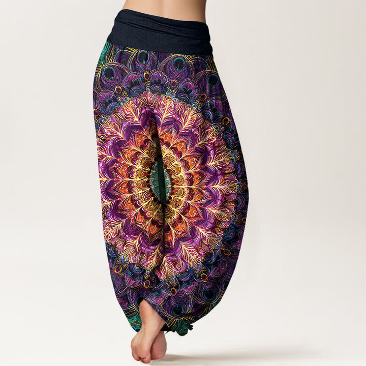 Buddha Stones Pantalon harem pour femme en pur coton à motif mandala et plumes, taille élastique - image 2