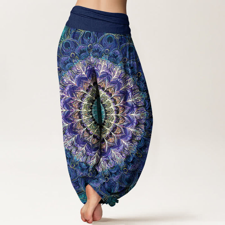 Buddha Stones Pantalon harem pour femme en pur coton à motif mandala et plumes, taille élastique - image 7