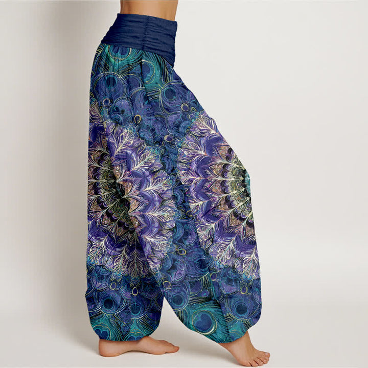 Buddha Stones Pantalon harem pour femme en pur coton à motif mandala et plumes, taille élastique - image 6