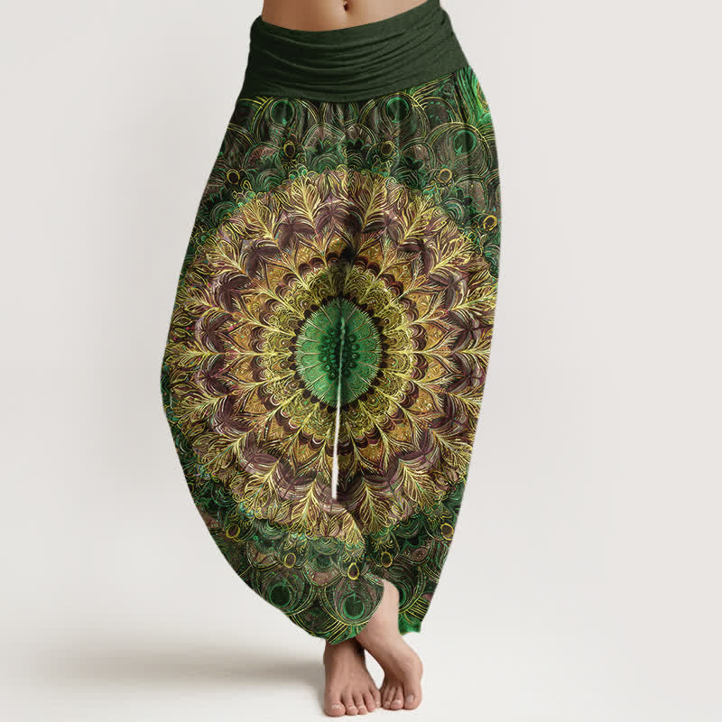 Buddha Stones Pantalon harem pour femme en pur coton à motif mandala et plumes, taille élastique - Vert olive foncé - US16，UK/AU20，EU48 (3XL) - image 8