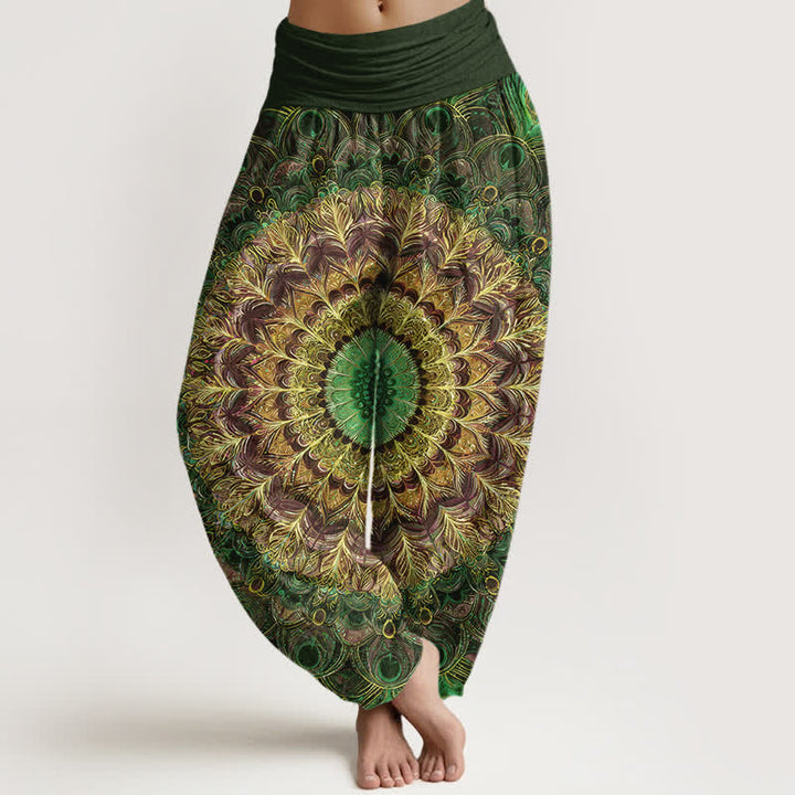 Buddha Stones Pantalon harem pour femme en pur coton à motif mandala et plumes, taille élastique - Vert olive foncé - US16，UK/AU20，EU48 (3XL) - image 8