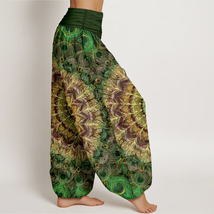 Buddha Stones Pantalon harem pour femme en pur coton à motif mandala et plumes, taille élastique - image 9