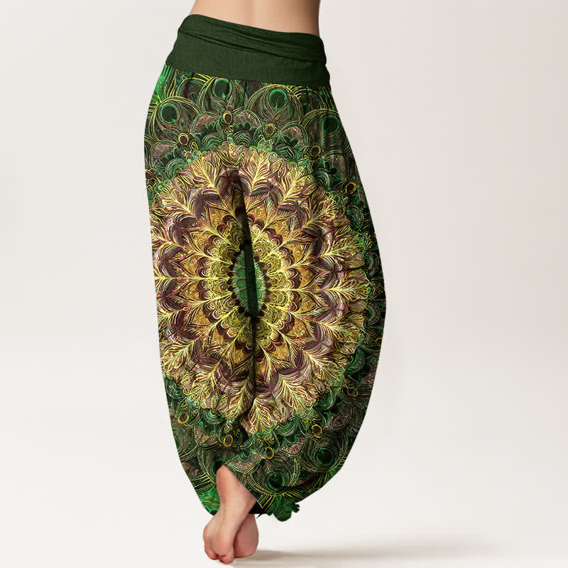 Buddha Stones Pantalon harem pour femme en pur coton à motif mandala et plumes, taille élastique - image 10