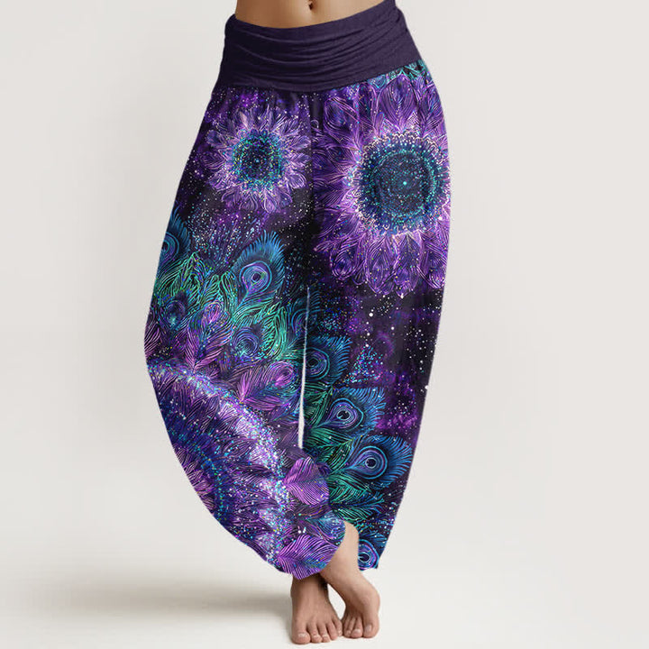 Buddha Stones Pantalon harem à taille élastique pour femme, en coton à motif plumes de paon - BleuViolet - US16，UK/AU20，EU48 (3XL) - image 0