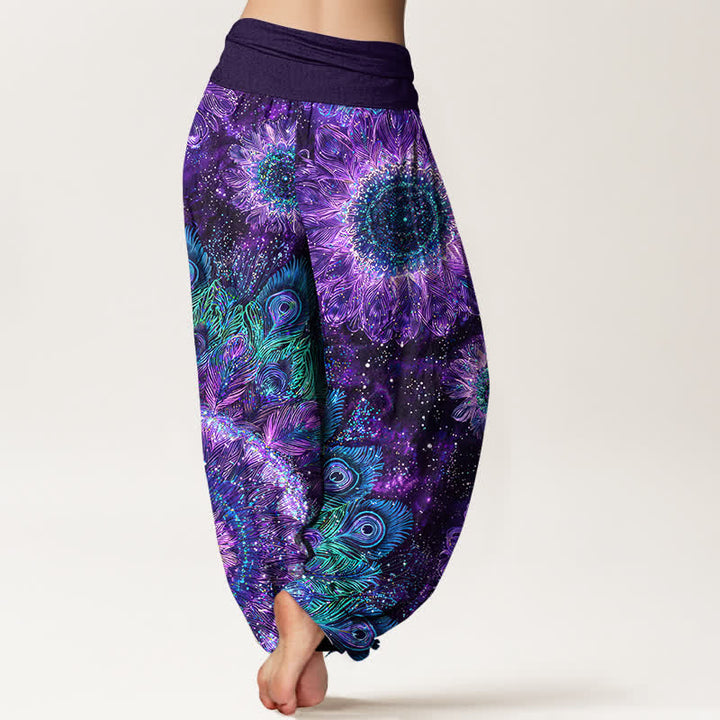 Buddha Stones Pantalon harem à taille élastique pour femme, en coton à motif plumes de paon - image 2