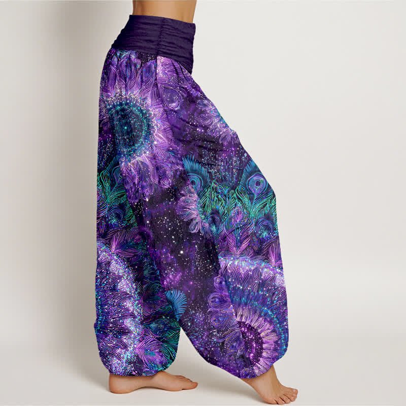 Buddha Stones Pantalon harem à taille élastique pour femme, en coton à motif plumes de paon - image 1