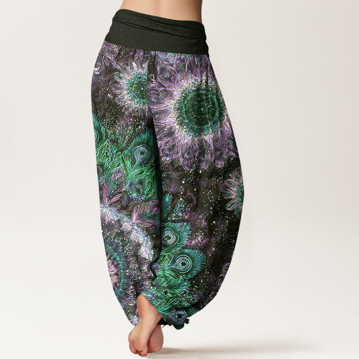 Buddha Stones Pantalon harem à taille élastique pour femme, en coton à motif plumes de paon - image 7