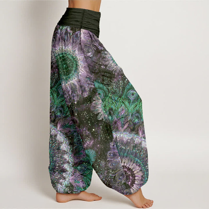 Buddha Stones Pantalon harem à taille élastique pour femme, en coton à motif plumes de paon - image 6