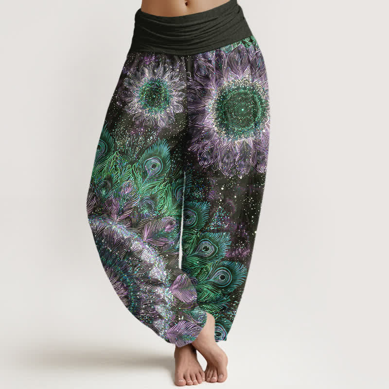 Buddha Stones Pantalon harem à taille élastique pour femme, en coton à motif plumes de paon - Noir - US16，UK/AU20，EU48 (3XL) - image 5