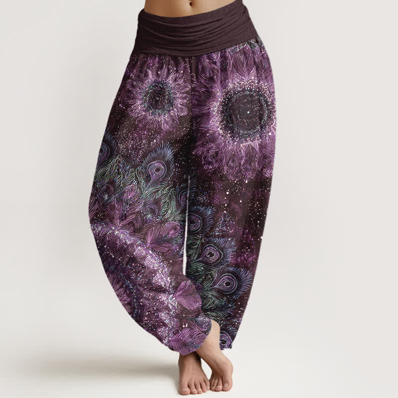 Buddha Stones Pantalon harem à taille élastique pour femme, en coton à motif plumes de paon - Violet - US16，UK/AU20，EU48 (3XL) - image 8