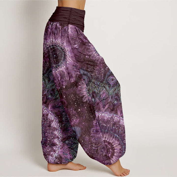 Buddha Stones Pantalon harem à taille élastique pour femme, en coton à motif plumes de paon - image 9