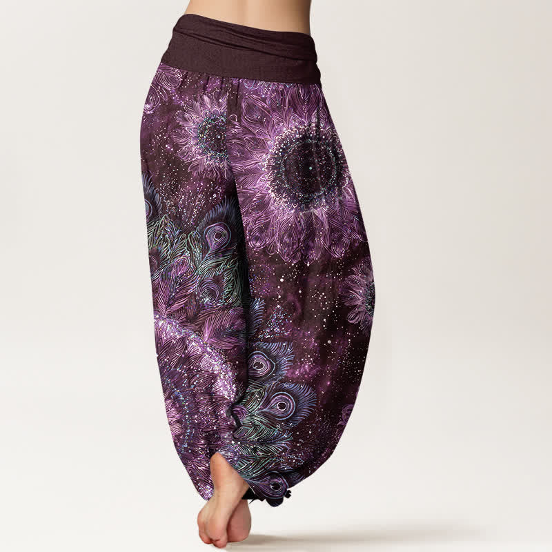 Buddha Stones Pantalon harem à taille élastique pour femme, en coton à motif plumes de paon - image 10