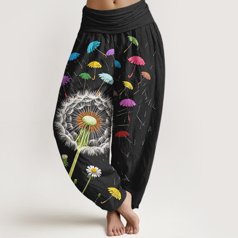 Buddha Stones Pantalon harem pour femme en pur coton à motif pissenlit et taille élastique - Noir - US16，UK/AU20，EU48 (3XL) - image 0