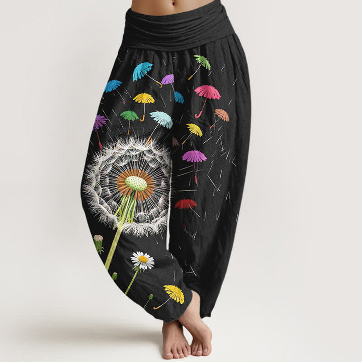 Buddha Stones Pantalon harem pour femme en pur coton à motif pissenlit et taille élastique - Noir - US16，UK/AU20，EU48 (3XL) - image 0