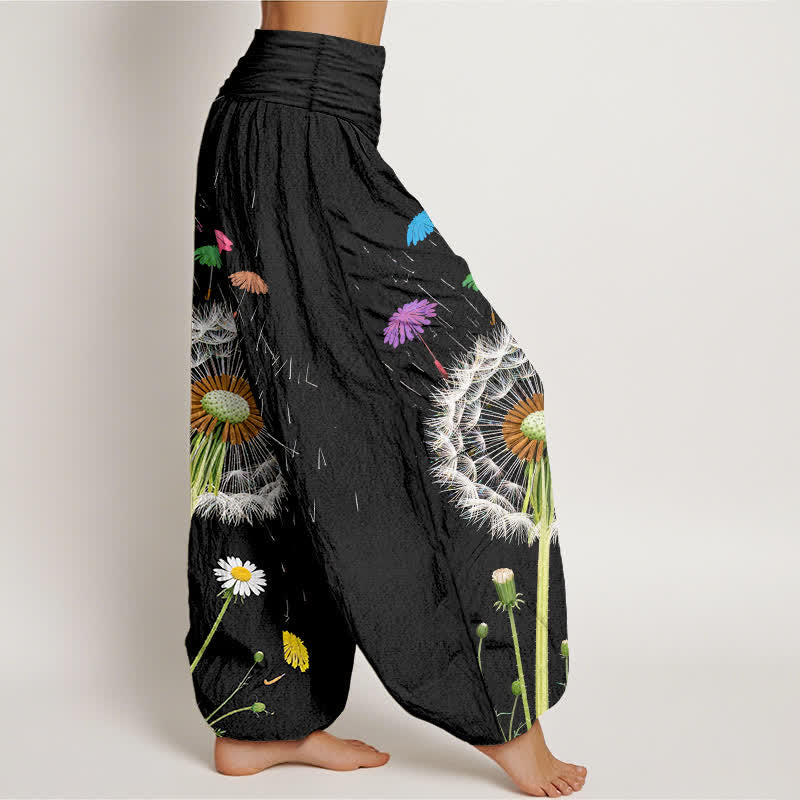 Buddha Stones Pantalon harem pour femme en pur coton à motif pissenlit et taille élastique - image 1