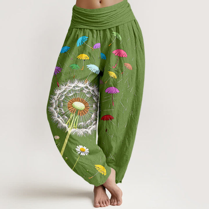 Buddha Stones Pantalon harem pour femme en pur coton à motif pissenlit et taille élastique - Vert olive - US16，UK/AU20，EU48 (3XL) - image 5