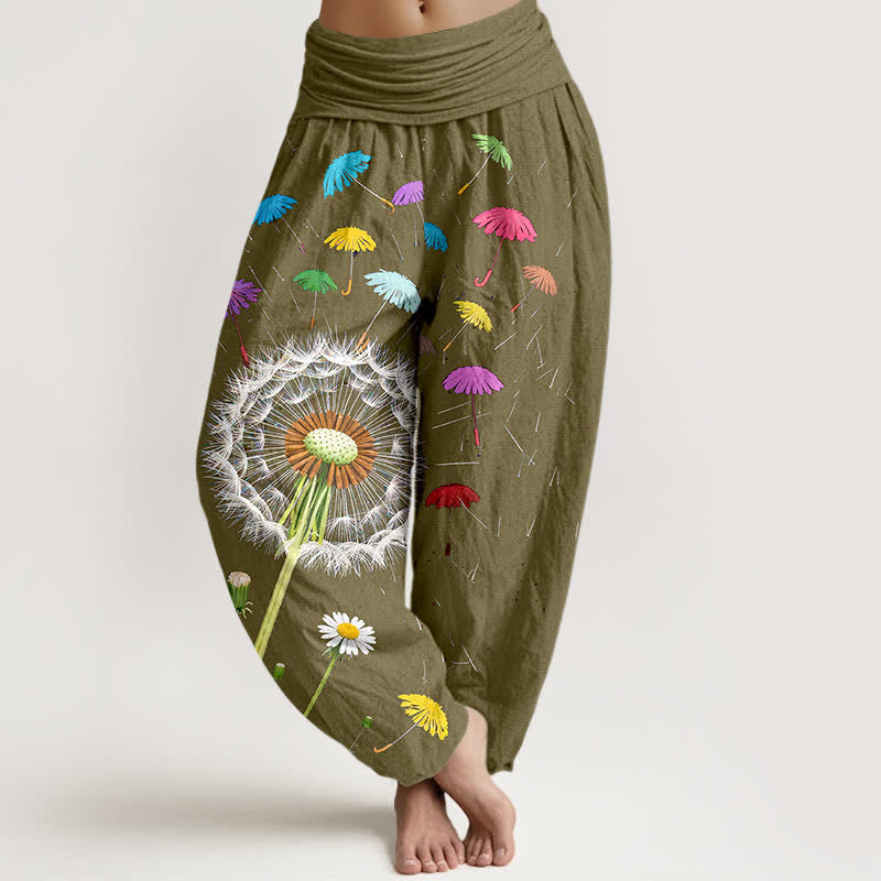 Buddha Stones Pantalon harem pour femme en pur coton à motif pissenlit et taille élastique - Kaki foncé - US16，UK/AU20，EU48 (3XL) - image 8