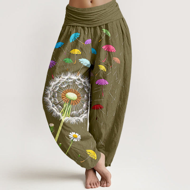 Buddha Stones Pantalon harem pour femme en pur coton à motif pissenlit et taille élastique - Kaki foncé - US16，UK/AU20，EU48 (3XL) - image 8