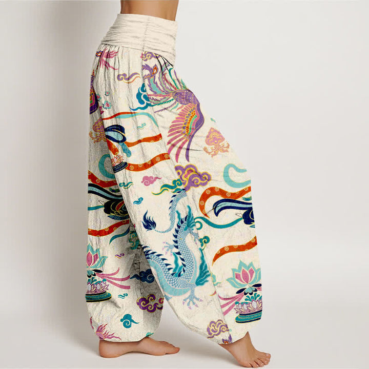 Buddha Stones Pantalon harem à taille élastique pour femme, en coton, motif dragon, phénix et lotus - image 1