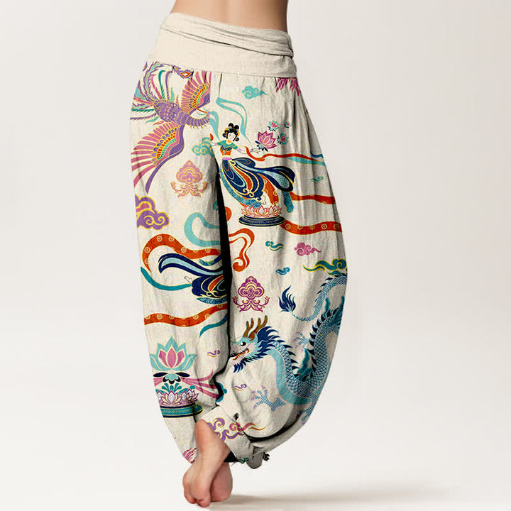 Buddha Stones Pantalon harem à taille élastique pour femme, en coton, motif dragon, phénix et lotus - image 2