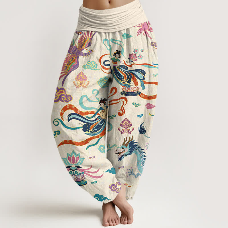 Buddha Stones Pantalon harem à taille élastique pour femme, en coton, motif dragon, phénix et lotus - Ivoire - US16，UK/AU20，EU48 (3XL) - image 0