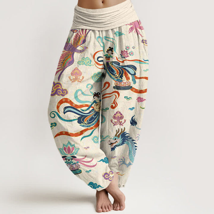 Buddha Stones Pantalon harem à taille élastique pour femme, en coton, motif dragon, phénix et lotus - Ivoire - US16，UK/AU20，EU48 (3XL) - image 0
