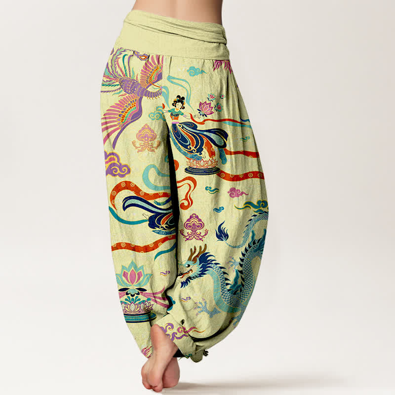 Buddha Stones Pantalon harem à taille élastique pour femme, en coton, motif dragon, phénix et lotus - image 7