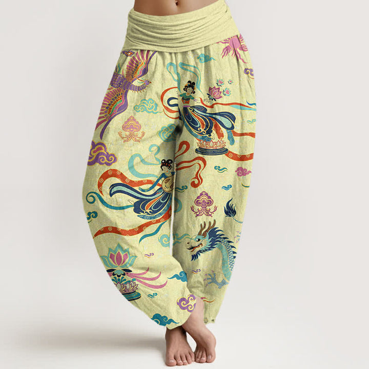 Buddha Stones Pantalon harem à taille élastique pour femme, en coton, motif dragon, phénix et lotus - LemonChiffon - US16，UK/AU20，EU48 (3XL) - image 5