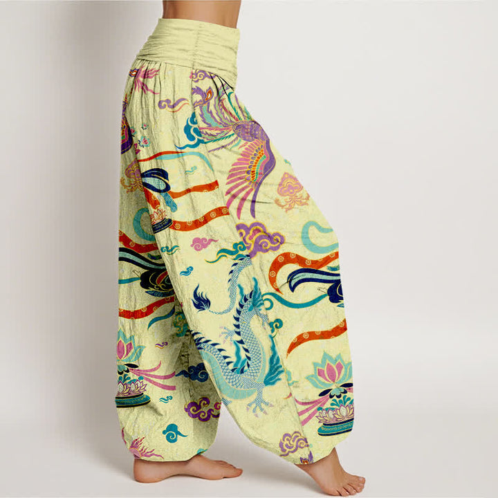 Buddha Stones Pantalon harem à taille élastique pour femme, en coton, motif dragon, phénix et lotus - image 6