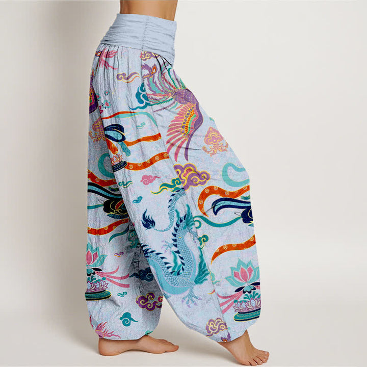 Buddha Stones Pantalon harem à taille élastique pour femme, en coton, motif dragon, phénix et lotus - image 9