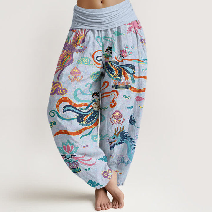 Buddha Stones Pantalon harem à taille élastique pour femme, en coton, motif dragon, phénix et lotus - Bleu poudré - US16，UK/AU20，EU48 (3XL) - image 8