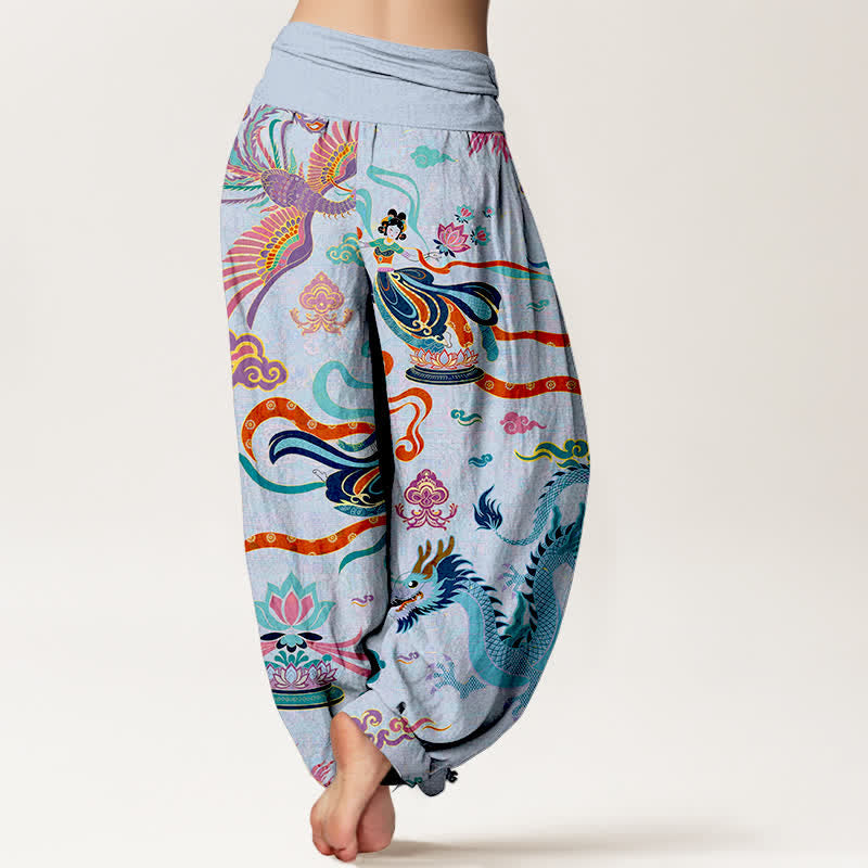 Buddha Stones Pantalon harem à taille élastique pour femme, en coton, motif dragon, phénix et lotus - image 10