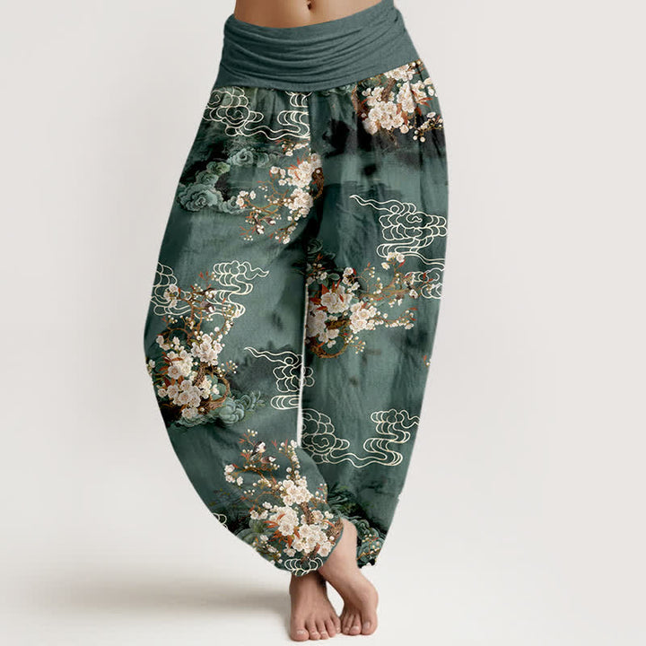 Buddha Stones Pantalon harem pour femme en pur coton à motif floral nuageux et taille élastique - Sarcelle - US16，UK/AU20，EU48 (3XL) - image 0
