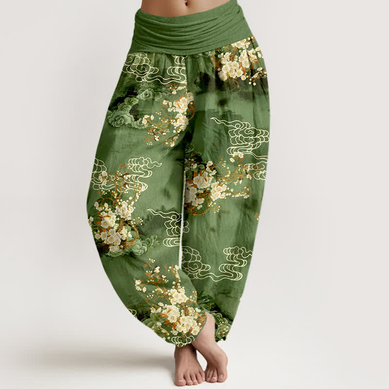 Buddha Stones Pantalon harem pour femme en pur coton à motif floral nuageux et taille élastique - Vert forêt - US16，UK/AU20，EU48 (3XL) - image 5
